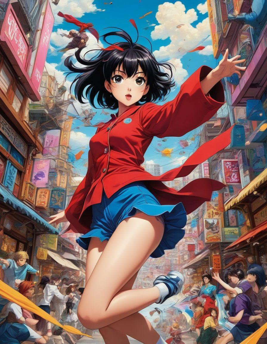 A dynamic collage featuring a blend of ecchi and epic scenes from anime and manga, showcasing characters in playful yet heroic poses. Include vibrant colors to highlight contrasting themes, with elements like whimsical backgrounds reflecting fantasy and action. Integrate iconic symbols from both genres, such as exaggerated expressions and dynamic fight scenes, to emphasize diversity. Artistic style should be vivid and exaggerated, resembling a mix of anime and comic book art. vibrant colors. vector art.