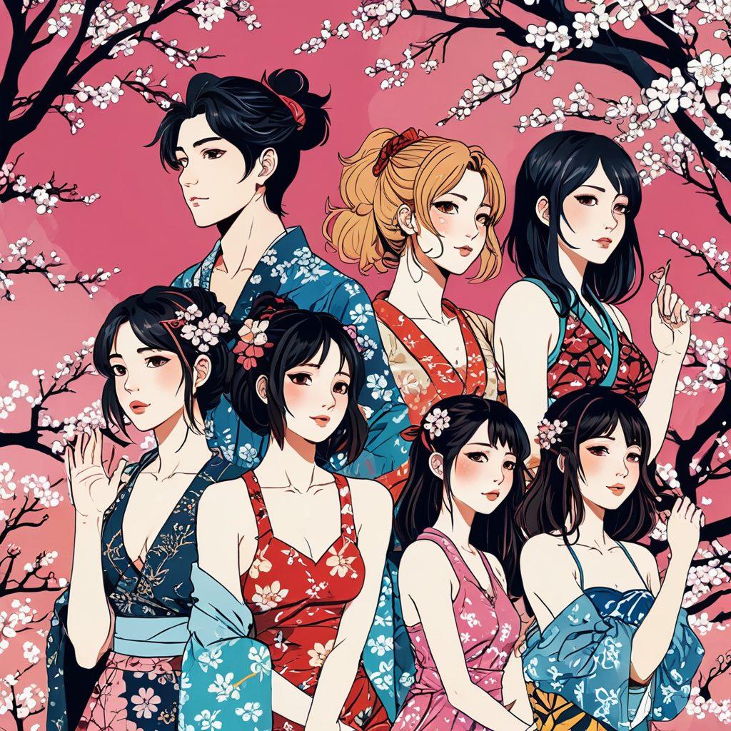A vibrant and dynamic illustration showcasing the evolution of hentai art styles, featuring characters in various poses and expressions that reflect a rich narrative. In the background, a collage of different graphic storytelling elements, from traditional ink sketches to modern digital art, intertwined with whimsical elements like cherry blossoms and abstract patterns. The color palette should be bold and playful, emphasizing the emotional depth of the characters. super-realistic. vibrant colors. detailed illustrations.